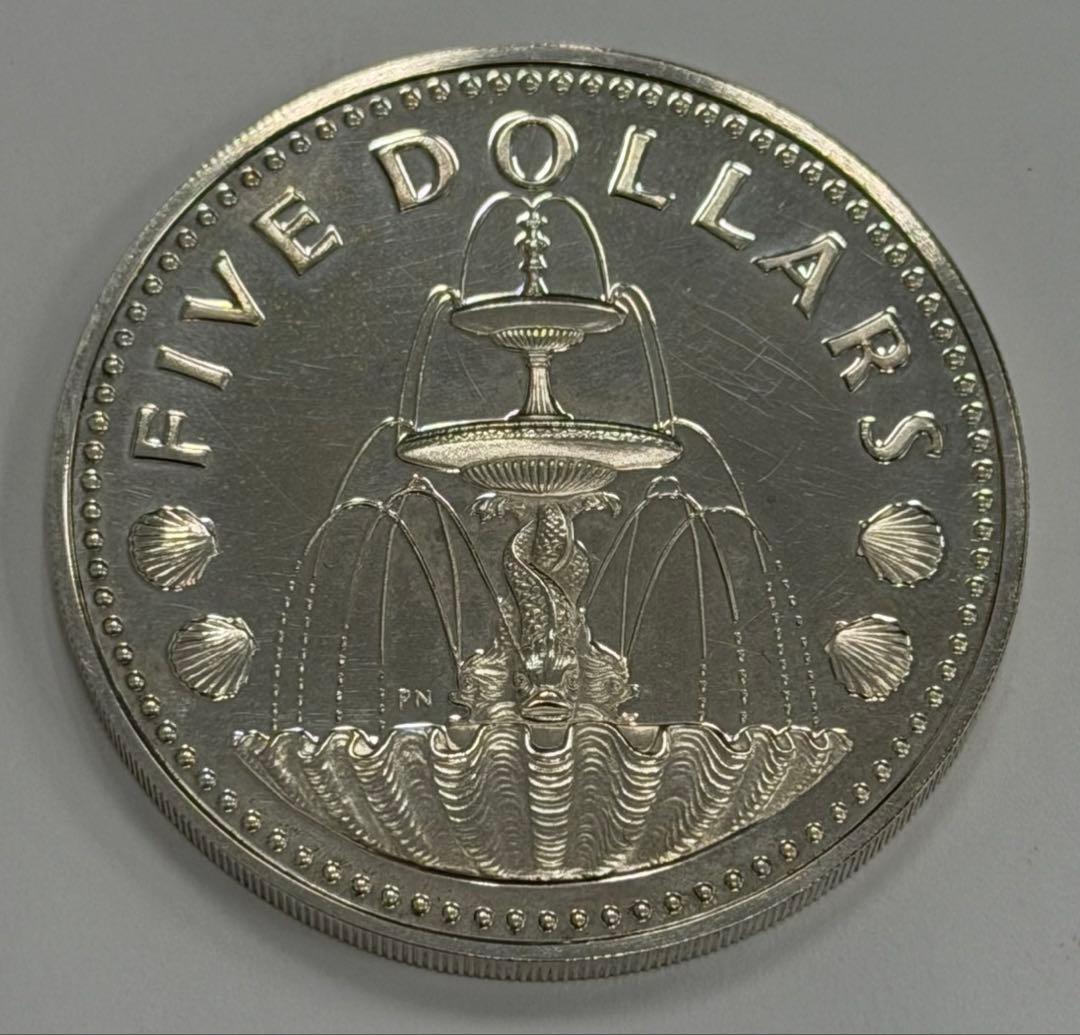 1973年 バルバドス英国トラファルガー広場噴水 5ドル大型プルーフ銀貨