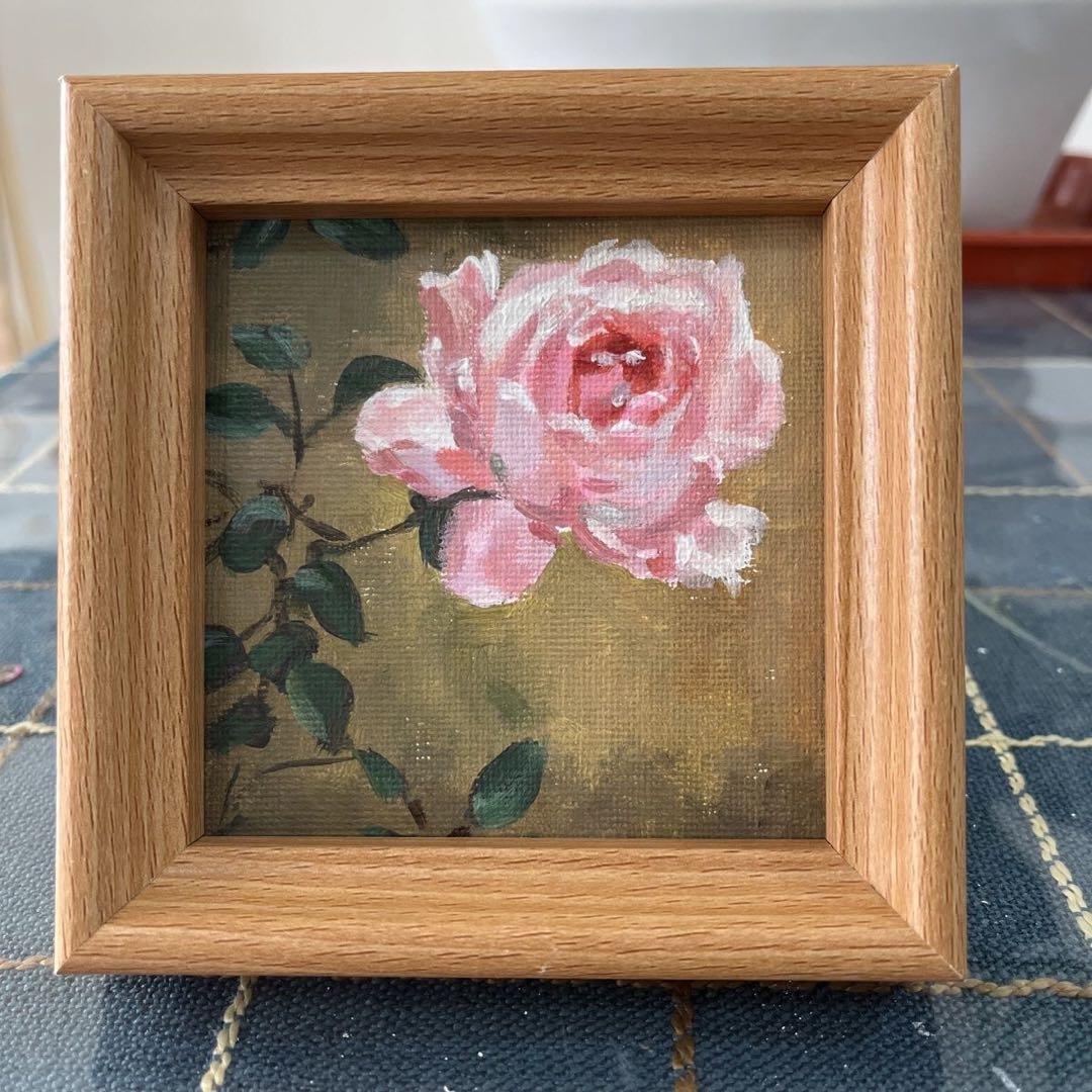 ピンクのバラ 油彩画 木製フレーム