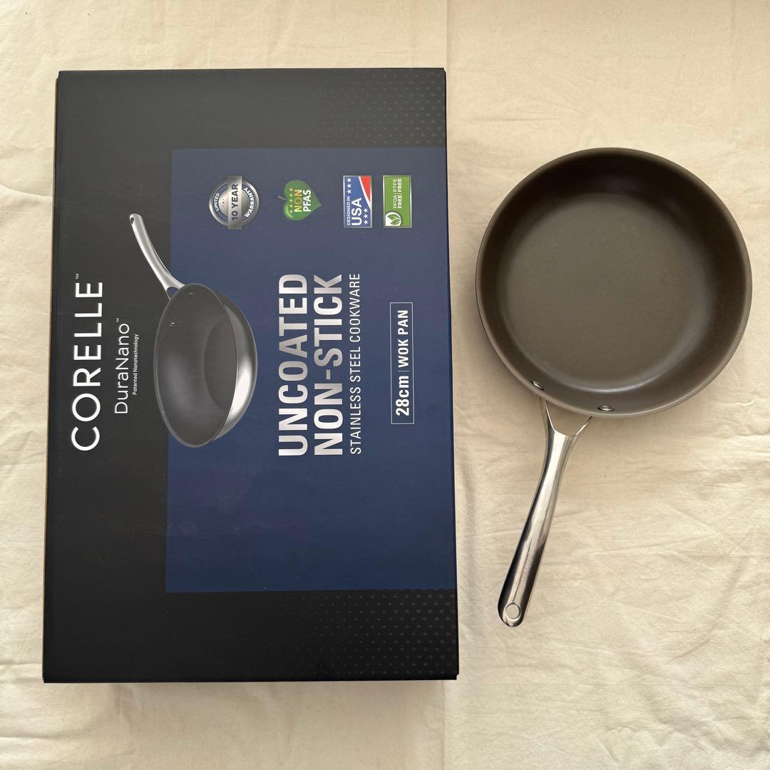 コレールフライパン ウォック 28cm 新品 鐵兎堂ガラス蓋付き おまけ26cm