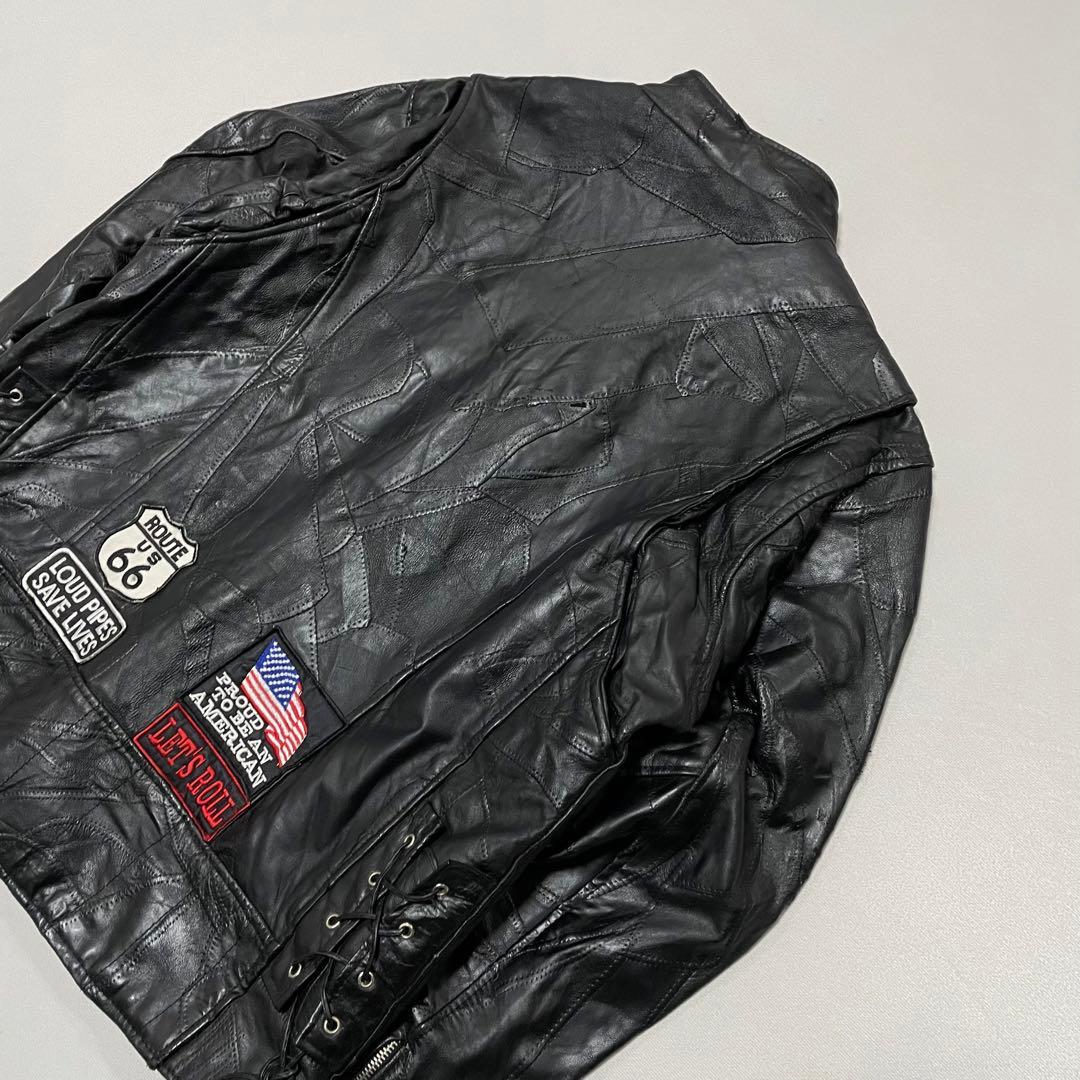 90s バッファローレザー ツギハギ 刺繍 ライダース レースアップ