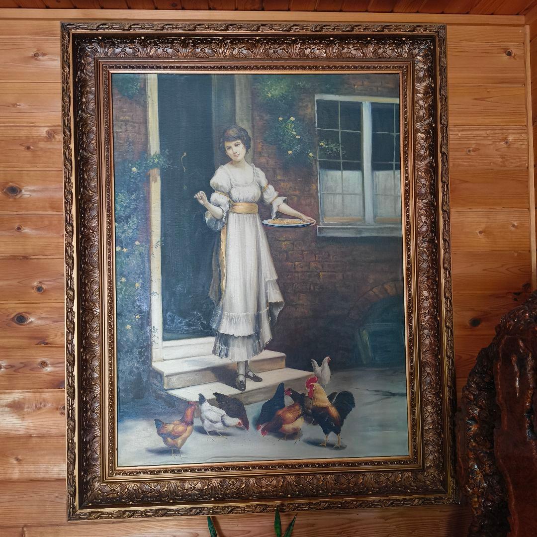 大型絵画　金縁額縁入り　女性絵　鶏　窓　アンティーク　洋風　油絵　洋間　ホテル