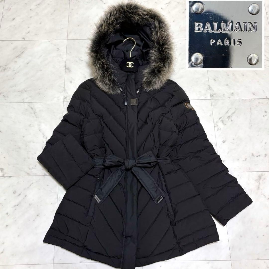 BALMAIN フォックスファー ミドル丈 ダウンコート フード ベルト付き M