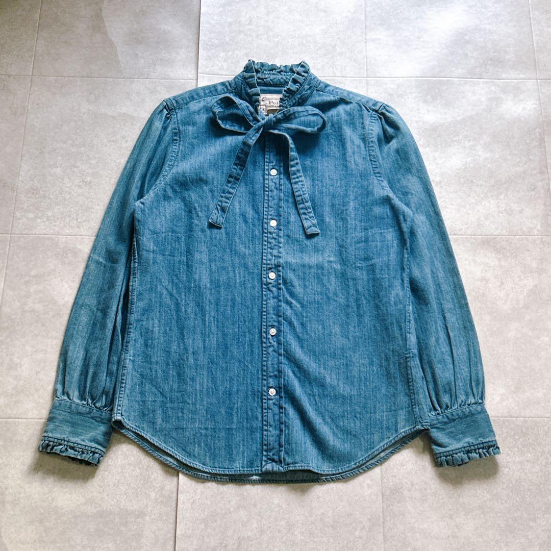 【完品/タグ付き】ポロラルフローレン　デニム　シャツ　ボウタイ　ブラウス　L