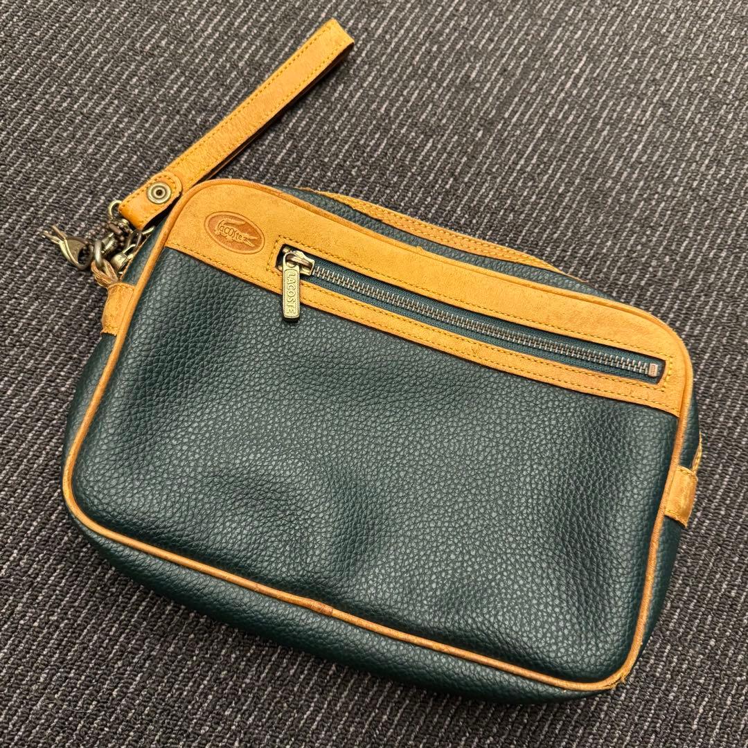 希少 90s【LACOSTE】ラコステ ヴィンテージ レザー セカンドバッグ 緑