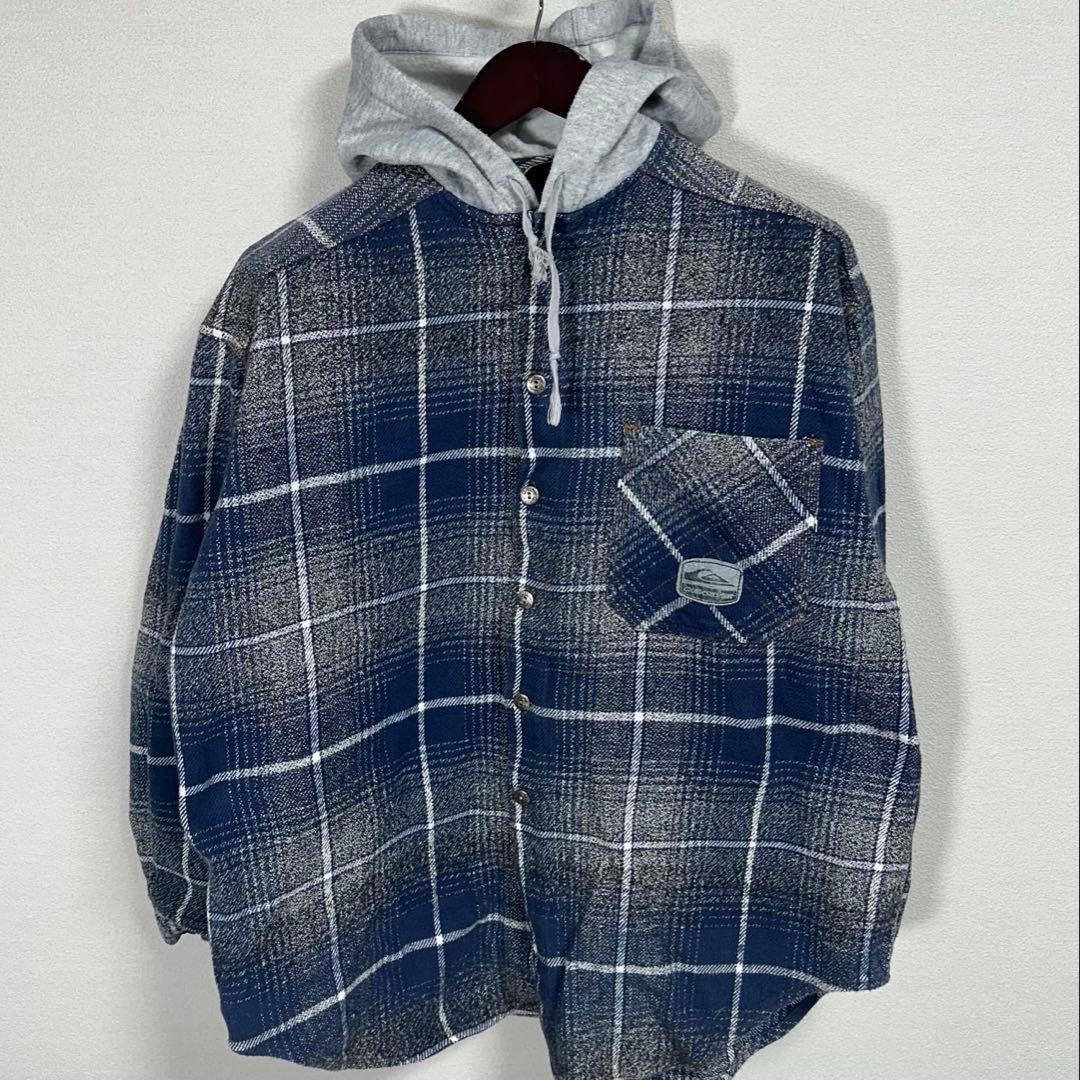 クイックシルバー ヘビネルチェックシャツ オンブレ 西海岸 サーフ フーディー 90s クイックシルバー オープンカラー チェック ライン サーフ