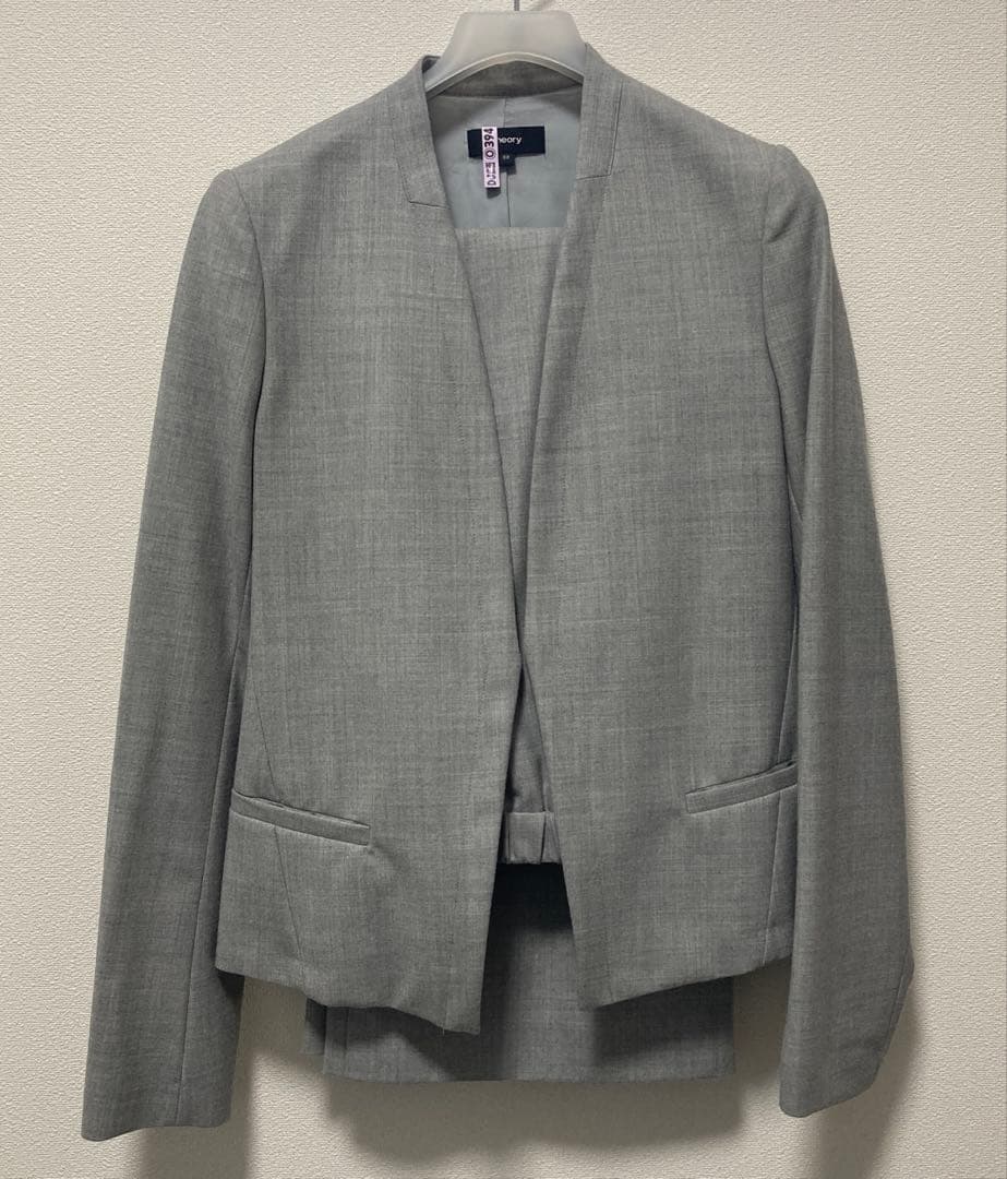 値下げ　セオリー ノーカラー ワイドパンツ スーツ　セットアップ 極美品◇セオリー パンツスーツセットアップ ノーカラージャケット