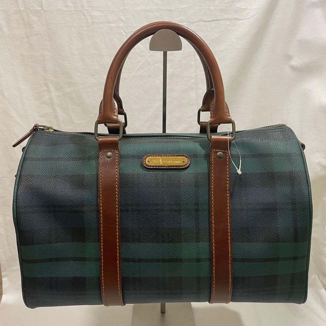 ポロラルフローレン ミニボストンバッグ PVC レザー チェック柄 美品