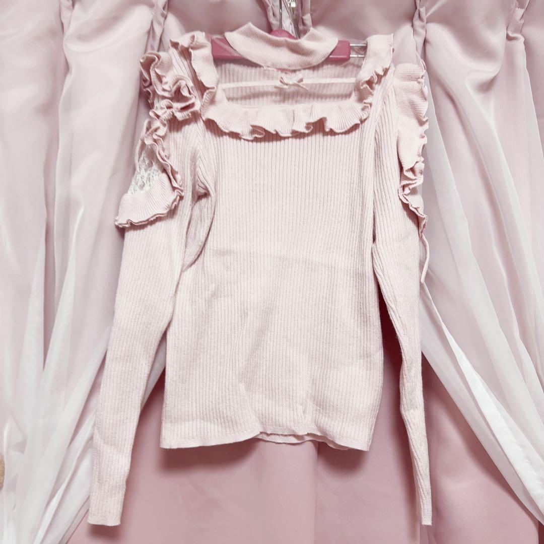 meltie きらきらショルダーフリルニット ピンク