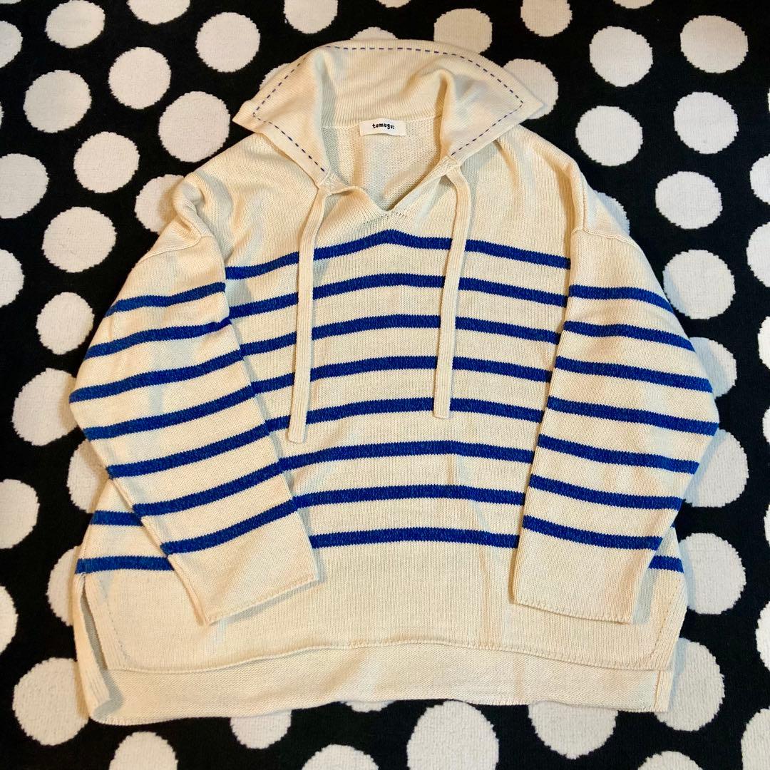 ツムグ　tumugu コットンウールボーダービッグカラープルオーバー　今期