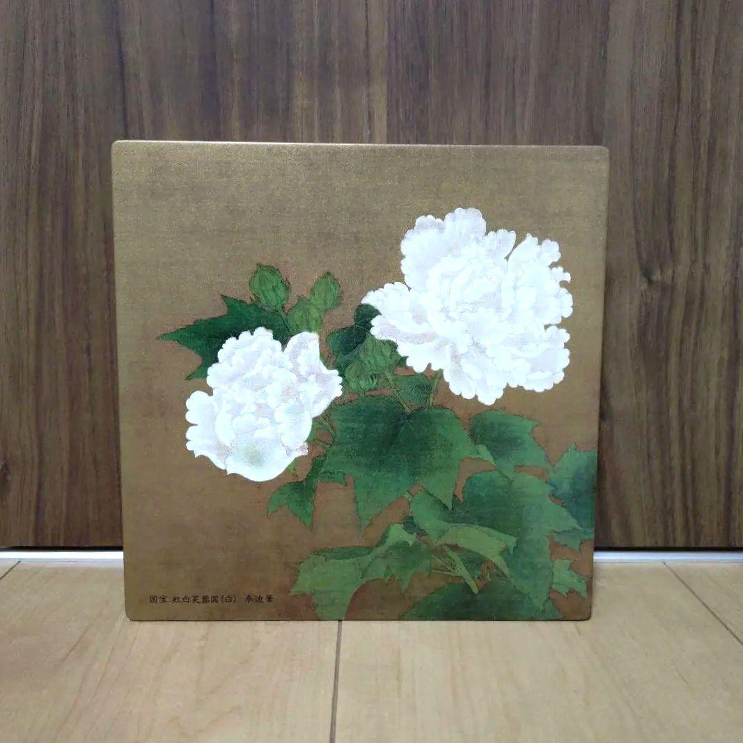 空き缶】モロゾフ 空缶 国宝紅白芙蓉図 花柄 説明カード付き - メルカリ