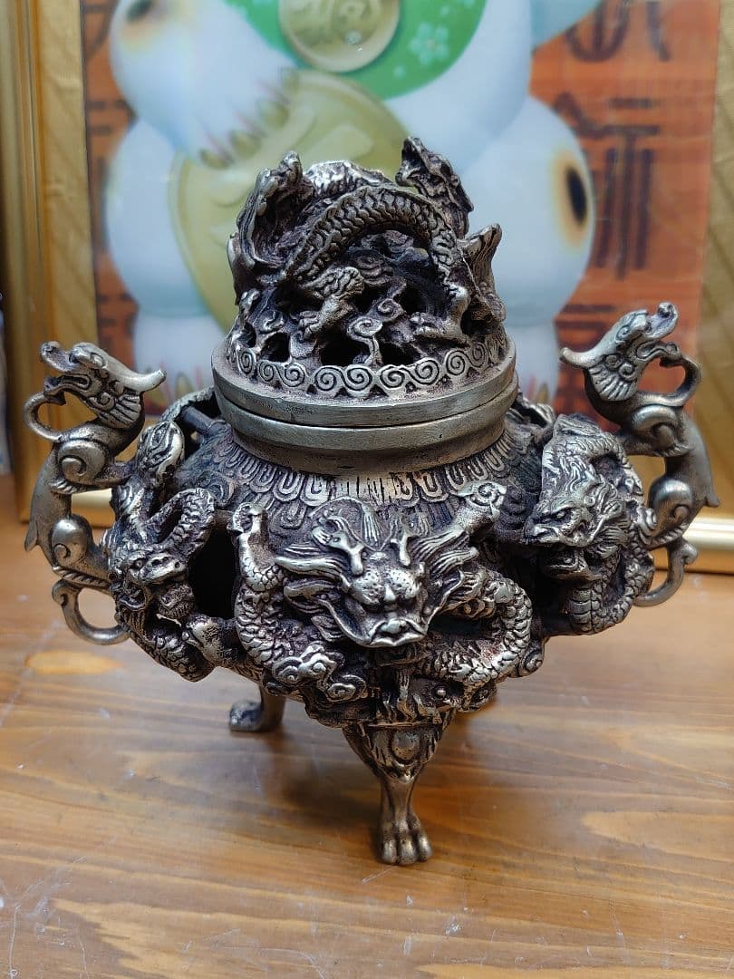 開運 龍 龍神 九頭龍 九龍香炉 白銅製（洋銀）中国 大明宣徳年製
