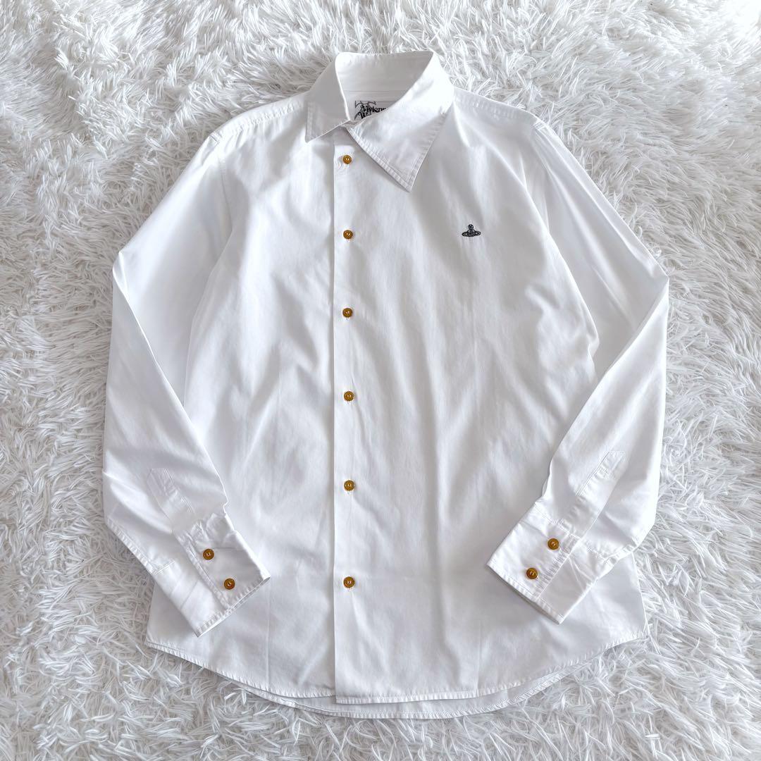 ヴィヴィアンウエストウッドマン 長袖シャツ アシンメトリー 変形 オーブ刺繍 白