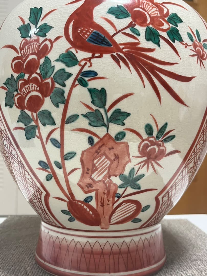 九谷焼 九谷文翠 双耳手描鳳凰花鳥牡丹 花器 花瓶 希少品