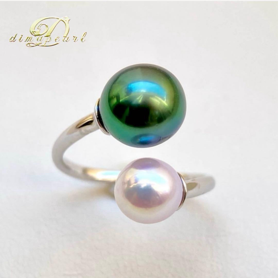 本真珠南洋黒蝶真珠とあこや真珠　ピーコック&ピンク無調ダブルリングY1047
