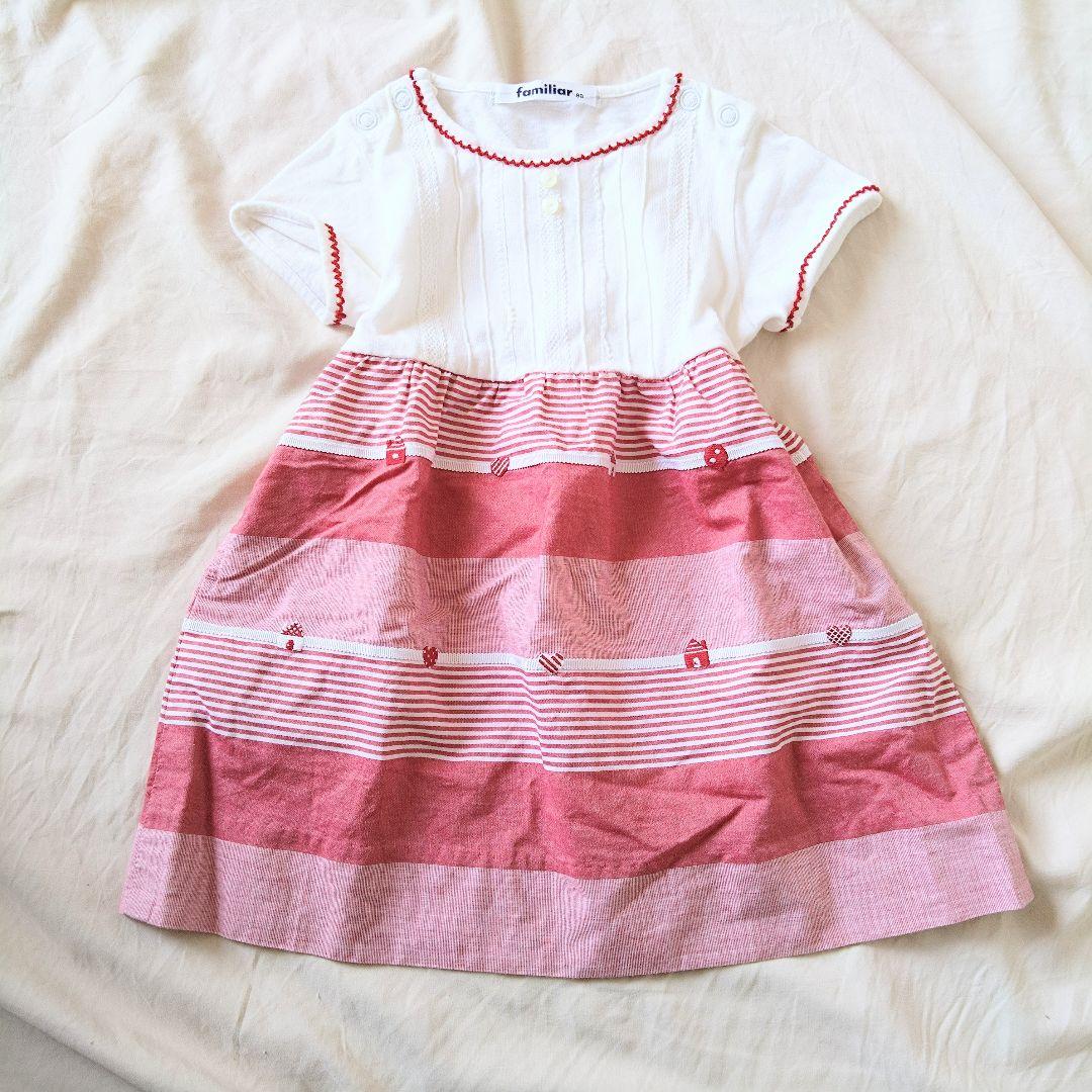 familiar ワンピース 80 半袖 ボーダー 赤 ピンク ハート 刺繍 - メルカリ