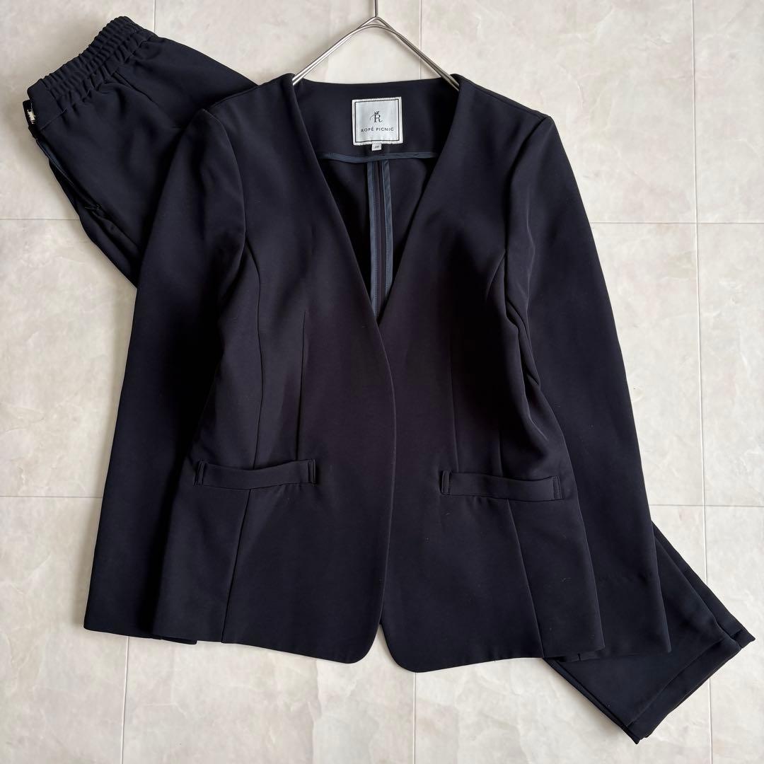 ROPE PICNIC ノーカラーセットアップ ネイビー 38/36 ストレッチ ROPE' PICNIC（ロペ ピクニック） ジャケット ノーカラージャケット
