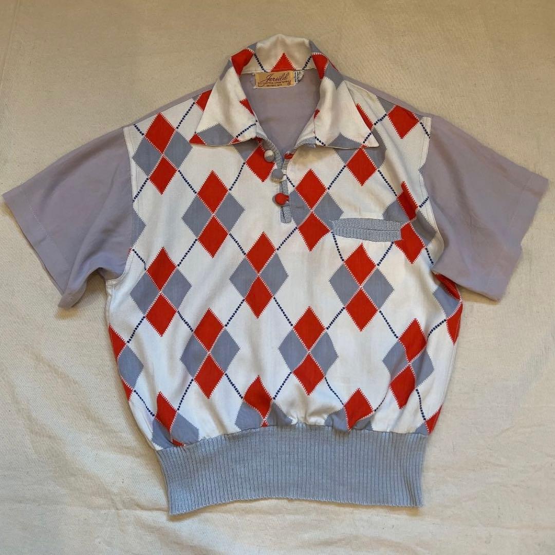 50s VINTAGE ロカビリー アーガイル ダイヤ柄 シャツ ギャバ 針ヌキ