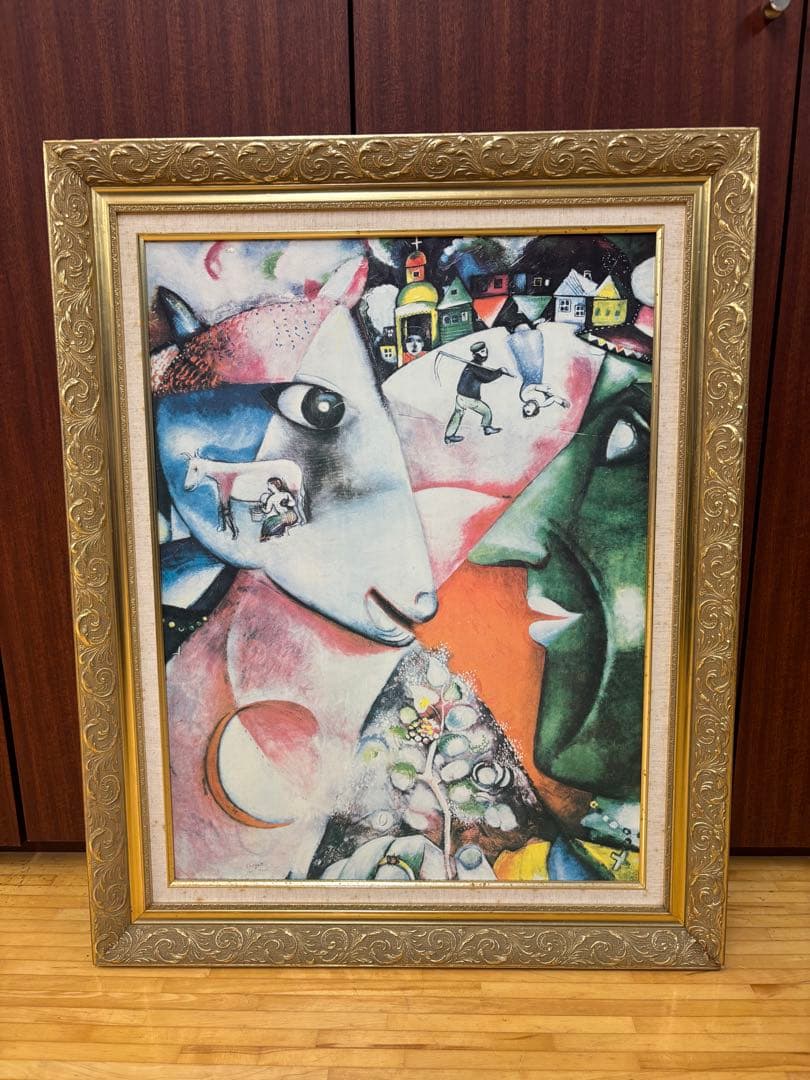 抽象的な油彩画 金色フレーム付き