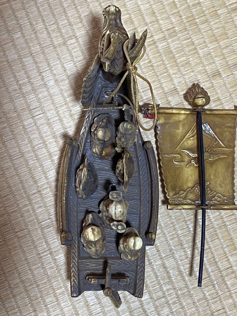 ♢セルロイド製 細密 龍に七福神宝船縁起物 置物飾り 富士山 鶴に亀