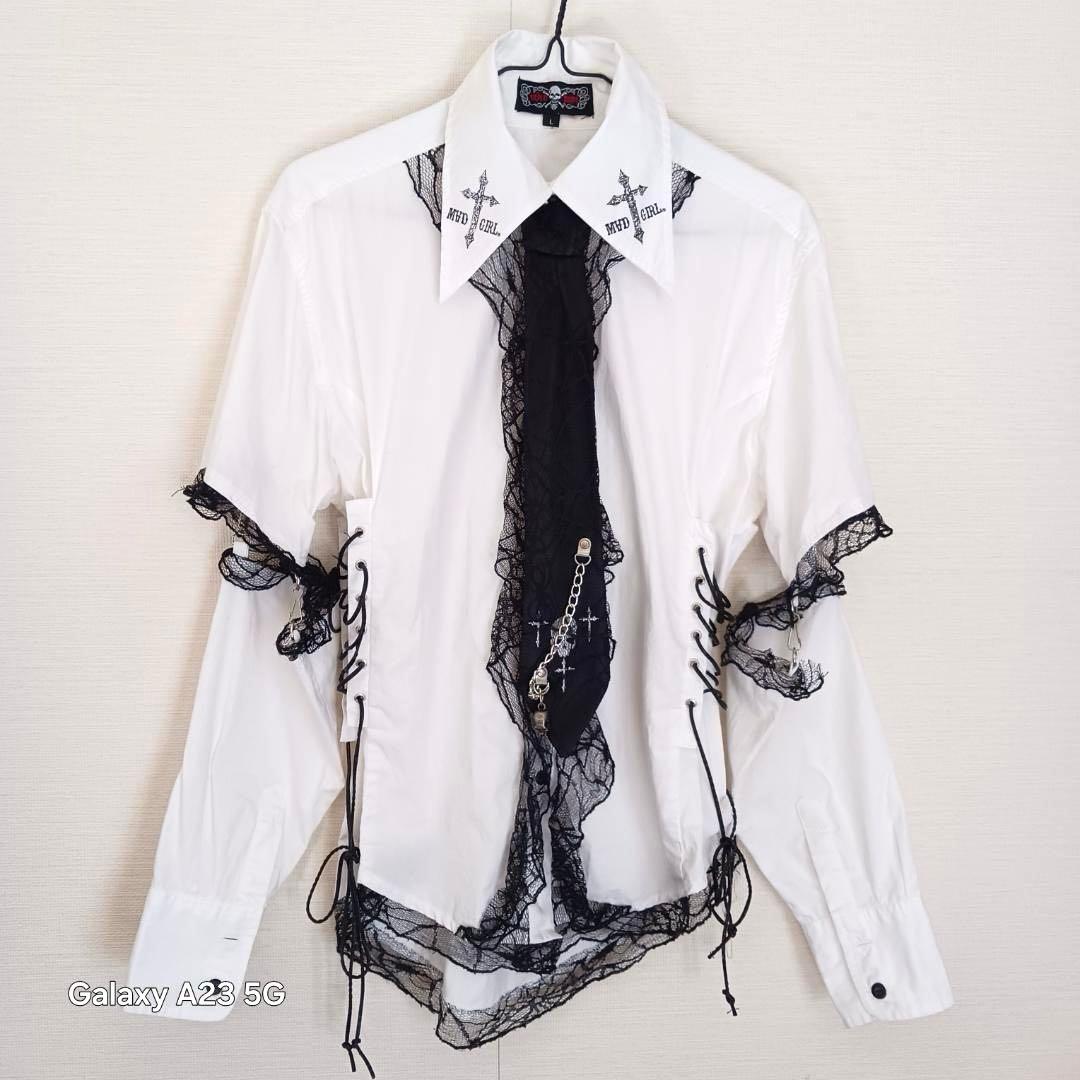 ゴス パンク ボンテージシャツ L 袖脱着式 レース ネクタイ スカルチェーン