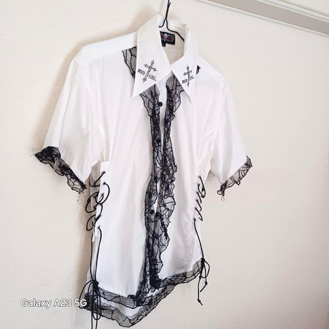 ゴス パンク ボンテージシャツ L 袖脱着式 レース ネクタイ スカルチェーン