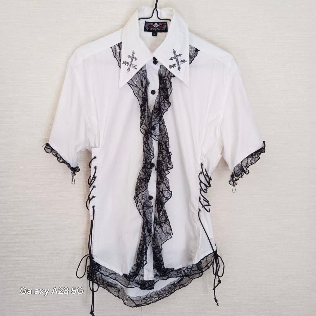 ゴス パンク ボンテージシャツ L 袖脱着式 レース ネクタイ スカルチェーン