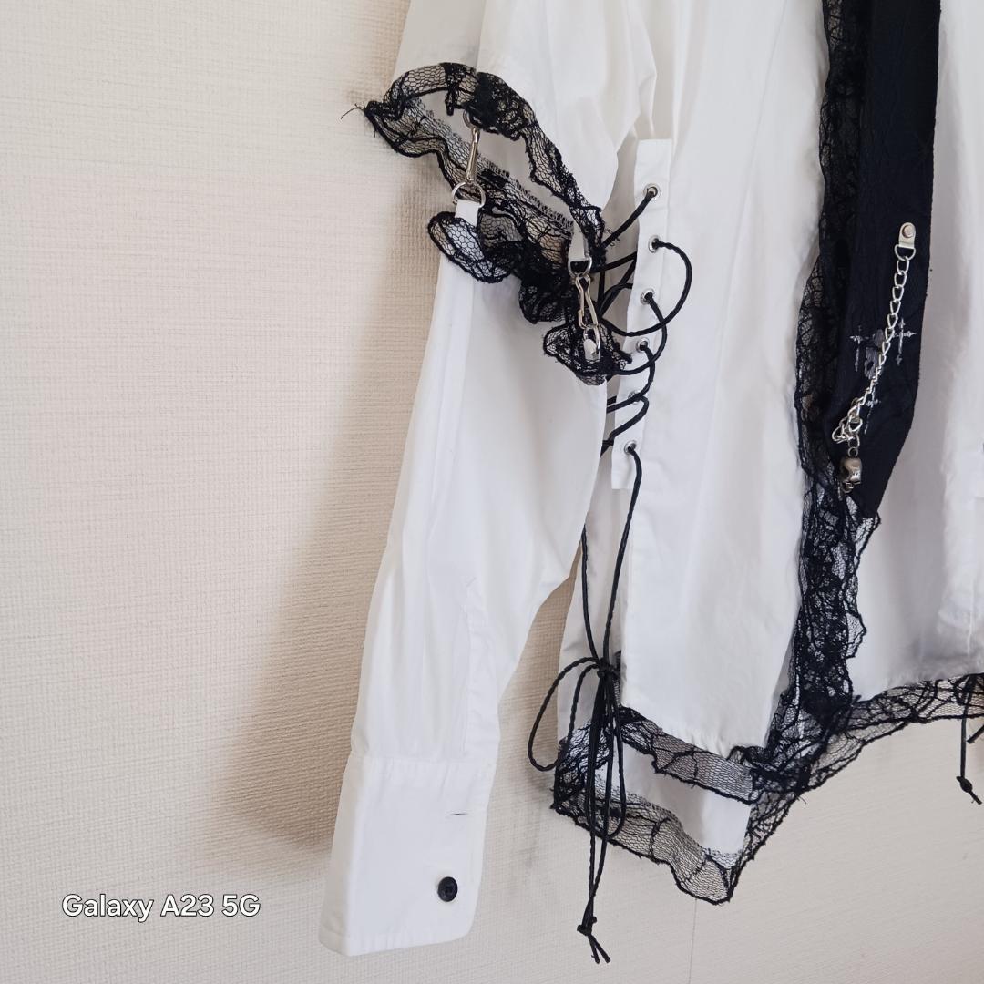 ゴス パンク ボンテージシャツ L 袖脱着式 レース ネクタイ スカルチェーン