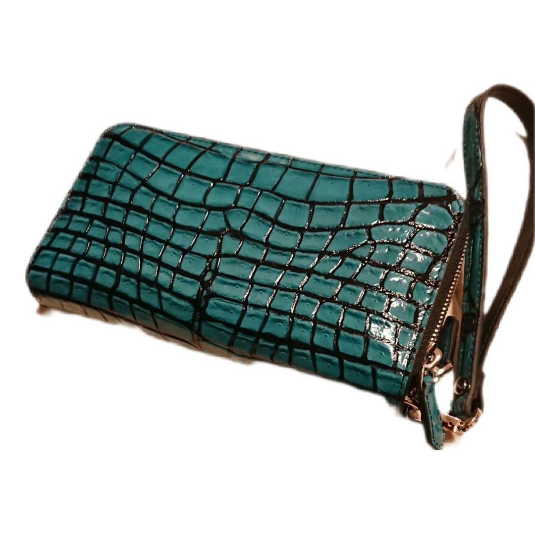 クロコダイル本革レザー長財布ターコイズグリーンブルー ダブルジップ