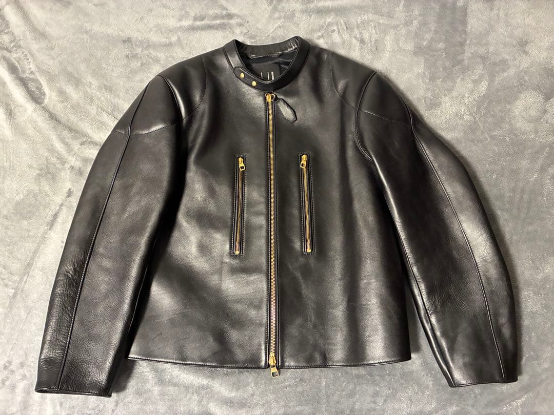 【美品】ダンヒル　カウハイド　GD金具　シングルライダースジャケット 今シーズン人気NO.1 フルタンニン鞣し カーフスキン 燃焼製品染め