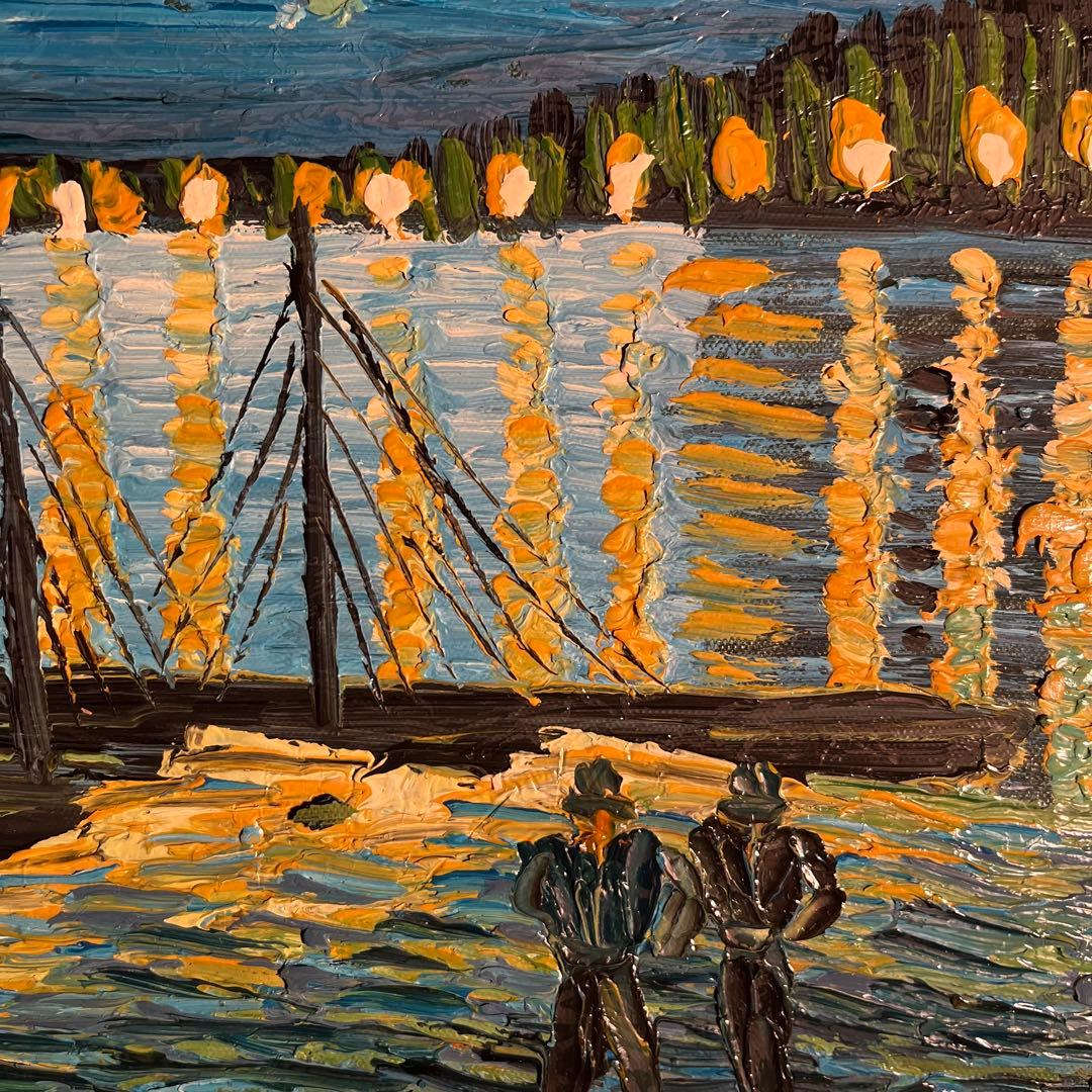 手書き油絵 ゴッホ ローヌ川の星月夜 額付 肉筆絵画 インテリア 油彩画