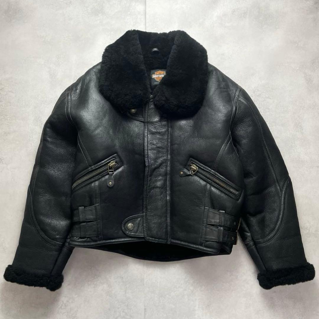 美品 希少 ハーレーダビッドソン B-3 リアルムートン 刺繍ロゴ 羊革 黒