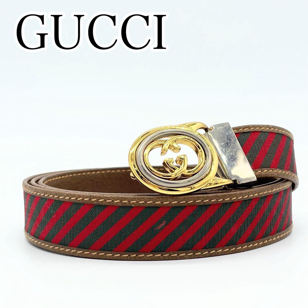 GUCCI グッチ オールドシェリーライン バックルベルト　GGロゴ OLD Gucci シェリーラインGGバックルレザーベルト（青） – Vintage