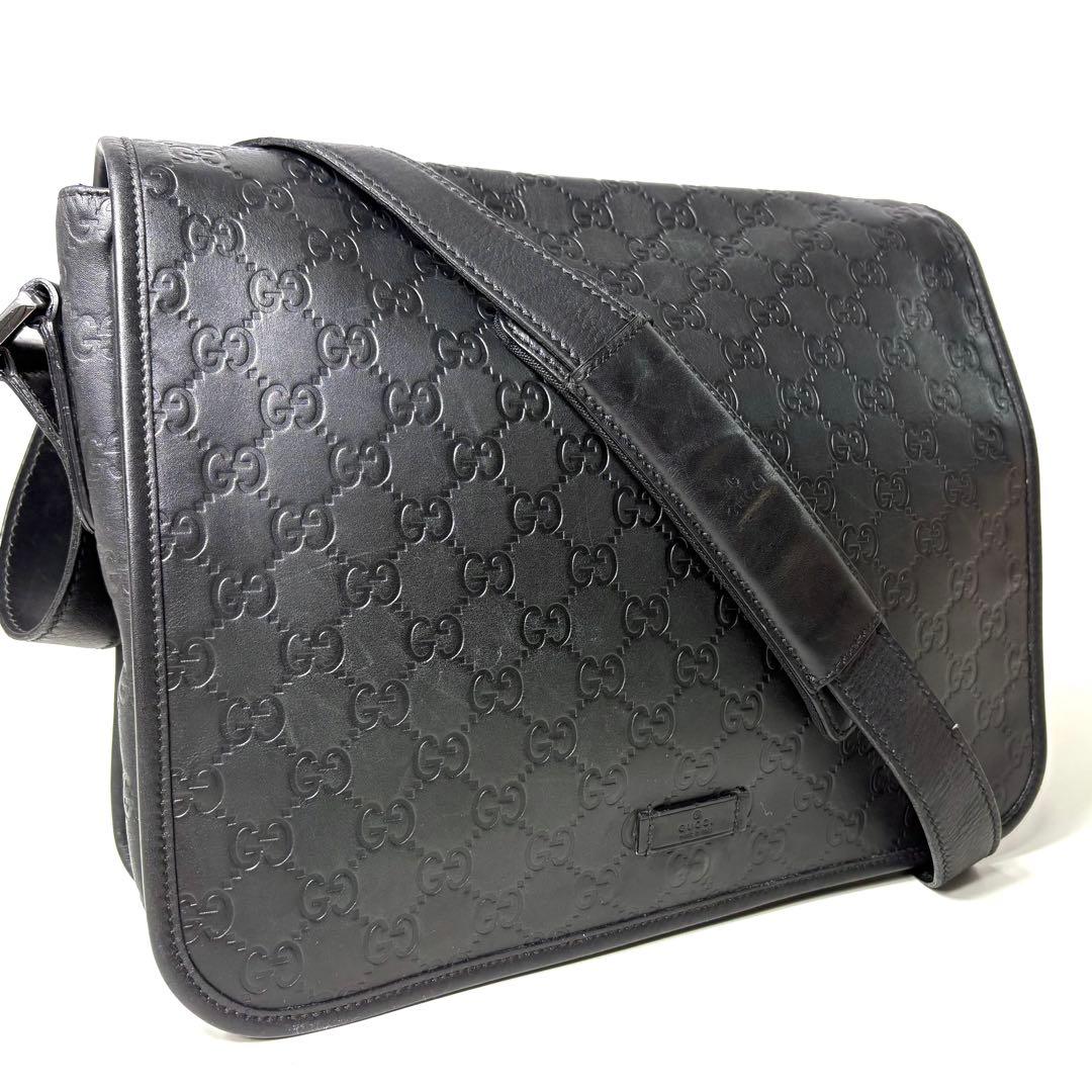 レア✨グッチ メッセンジャーバッグ シマ レザー ブラック GG柄　A4PC可