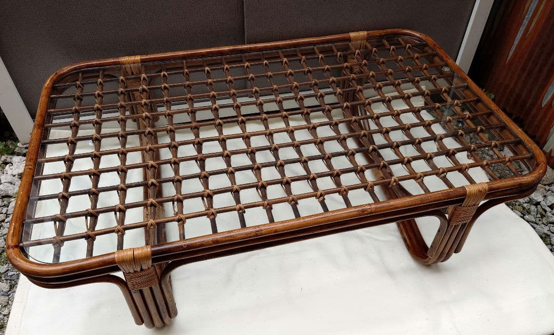 ラタン ガラス テーブル 座卓 卓袱台 机 藤 籐 木製 アンティーク レトロ