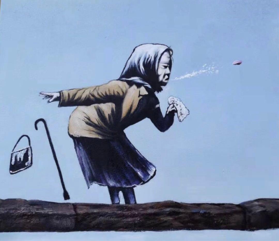 肉筆☆油絵☆F20号『くしゃみ』バンクシー /模写