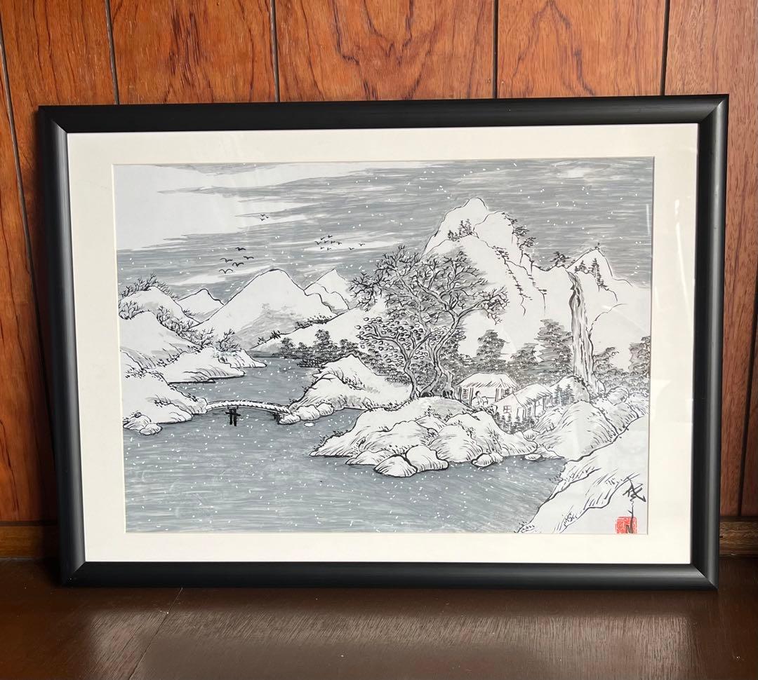 水墨画 雪景色 山水画 日本画 冬・梅 2点セット