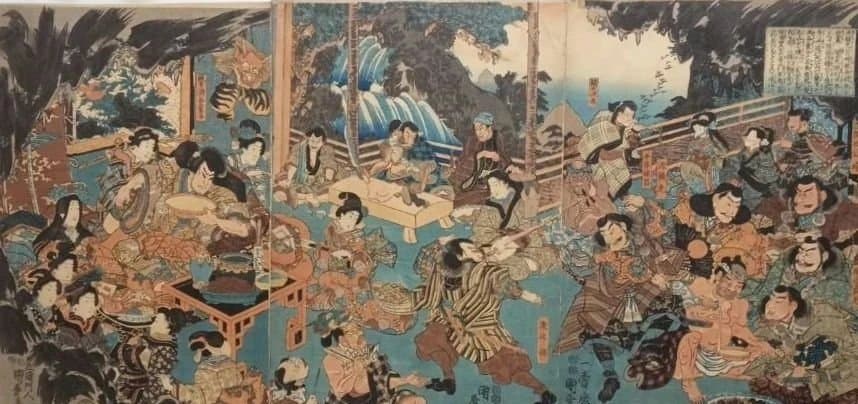 浮世絵版画、酒呑童子酒宴（盗賊)三枚綴り一壽齋国政画（二代歌川国貞)弘化4年出版 浮世絵版画、酒呑童子酒宴（盗賊)三枚綴り一壽齋国政画（二代歌川国貞)弘化4年出版