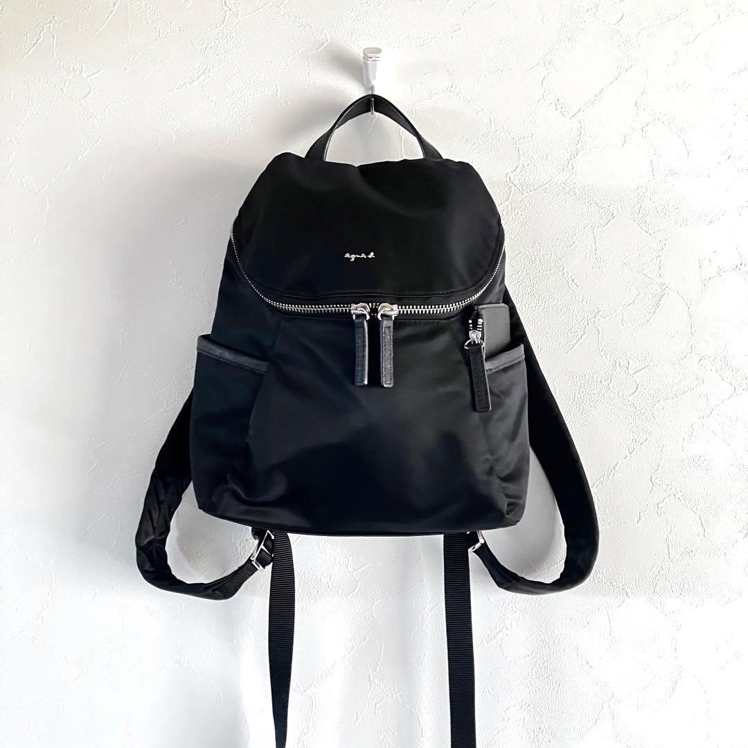 【美品】agnes b. ナイロンブラックバックパック ポーチ付　アニエスベー agnes b.（アニエスベー） ポーチ ナイロン ロゴ ストラップ付き 黒