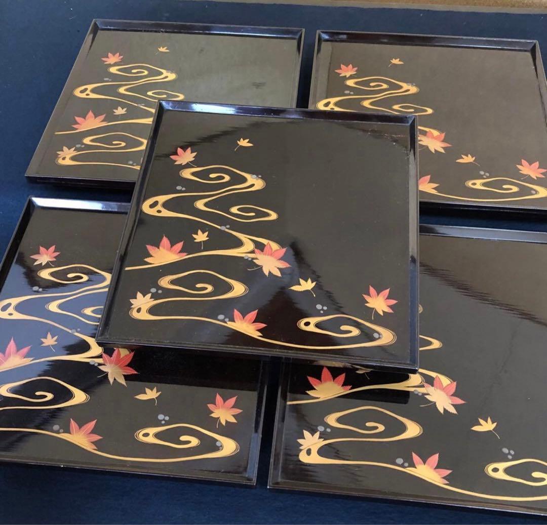 《レ》黒塗 流水紅葉蒔絵 脚付膳 四方膳10客 木製漆器 木箱260116き4