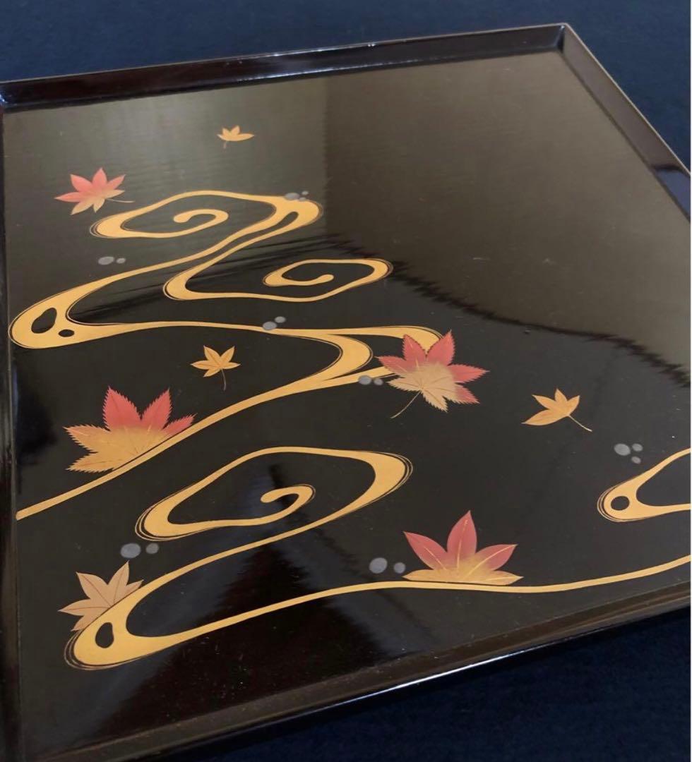 《レ》黒塗 流水紅葉蒔絵 脚付膳 四方膳10客 木製漆器 木箱260116き4