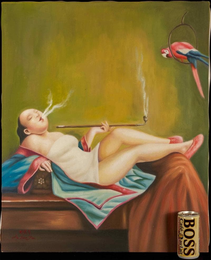 劉宝軍　油彩　肉筆『喫煙婦人』表サイン　画廊取扱シール　F12号　額無　b115