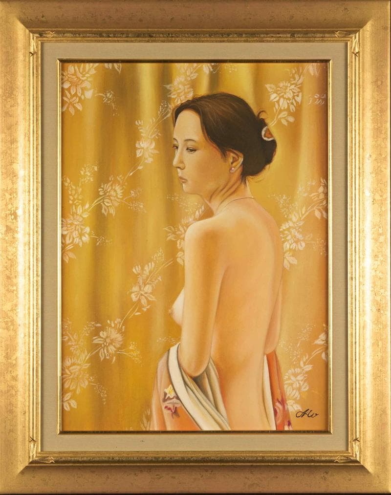 森本草介　油彩　肉筆『立ち姿』表と裏サイン　目黒雅叙園美術館　P8　額　b673 森本草介 油彩 肉筆『立ち姿』表と裏サイン 目黒雅叙園美術館 P8 額