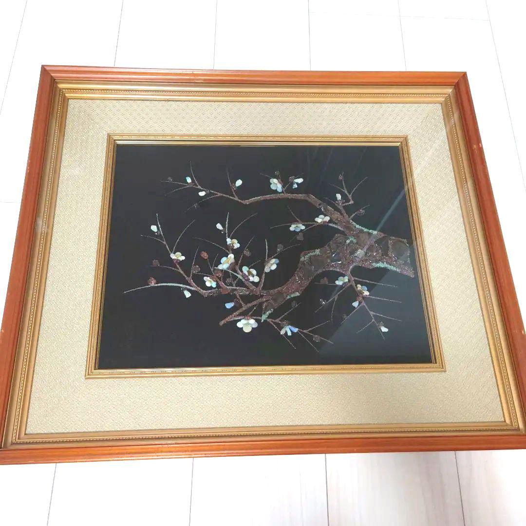 宝石画】 貴石画 壁掛け 梅 縁起物 インテリア 昭和レトロ 額縁付