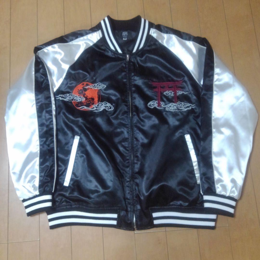 【美品】 朧 和柄スカジャン シルバー×黒 九尾の狐　刺繍　XXL