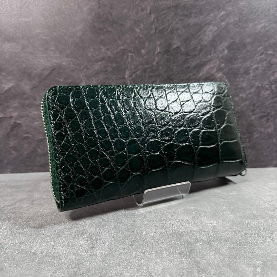 新品 クロコダイル 長財布 ダークグリーン シルバーファスナー 本革 ワニ革