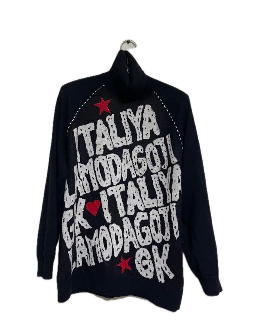 伊太利屋タートルジャガードニットセーターロング丈ジュエルラインストーンロゴ11号