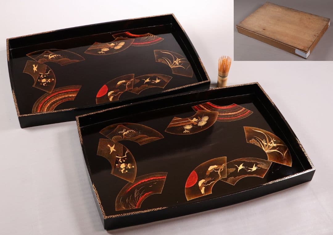 時代 広蓋 二枚組 59.1cm 扇面めでた図蒔絵 長方盆 木製【MA278】