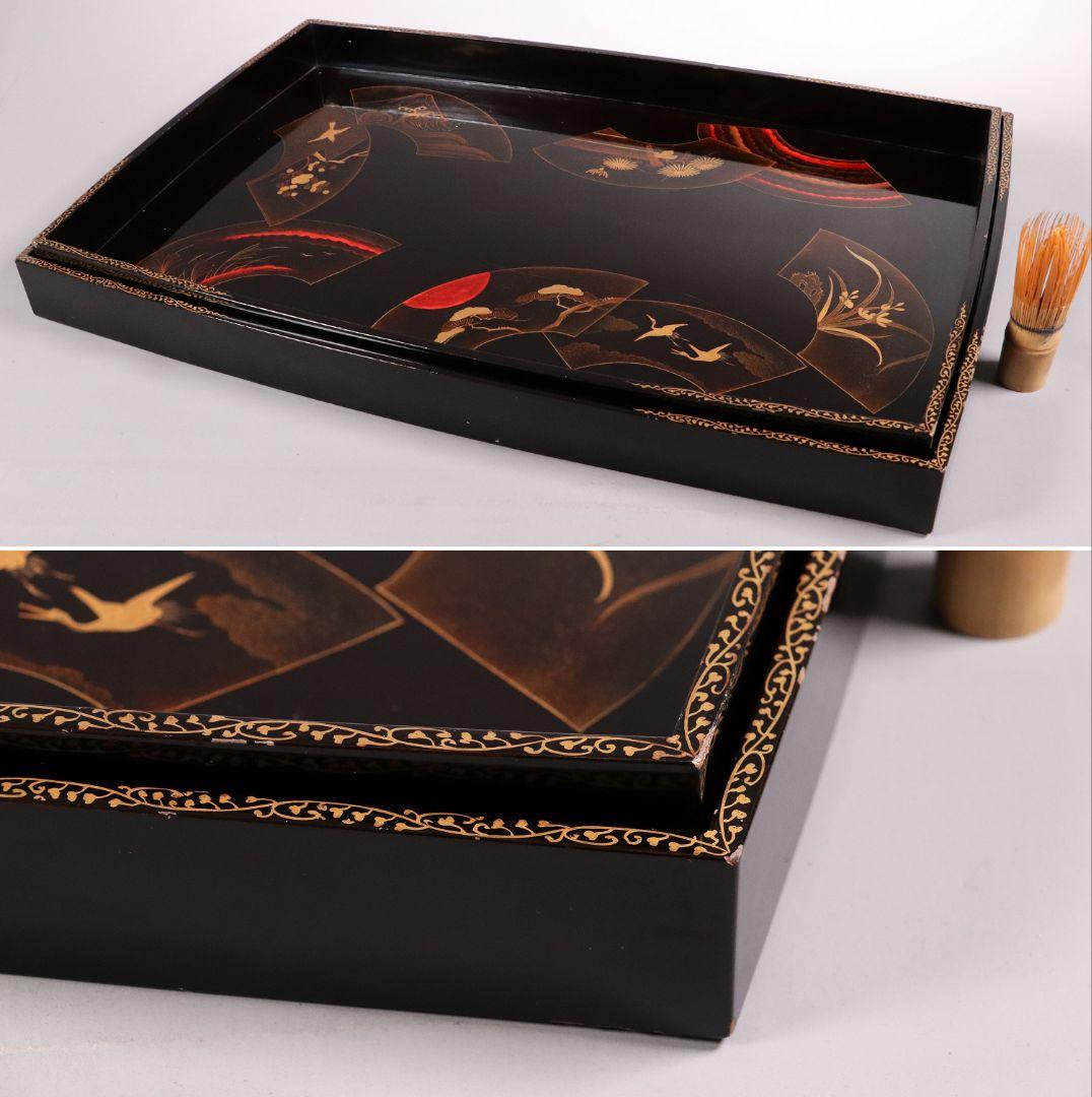 時代 広蓋 二枚組 59.1cm 扇面めでた図蒔絵 長方盆 木製【MA278】