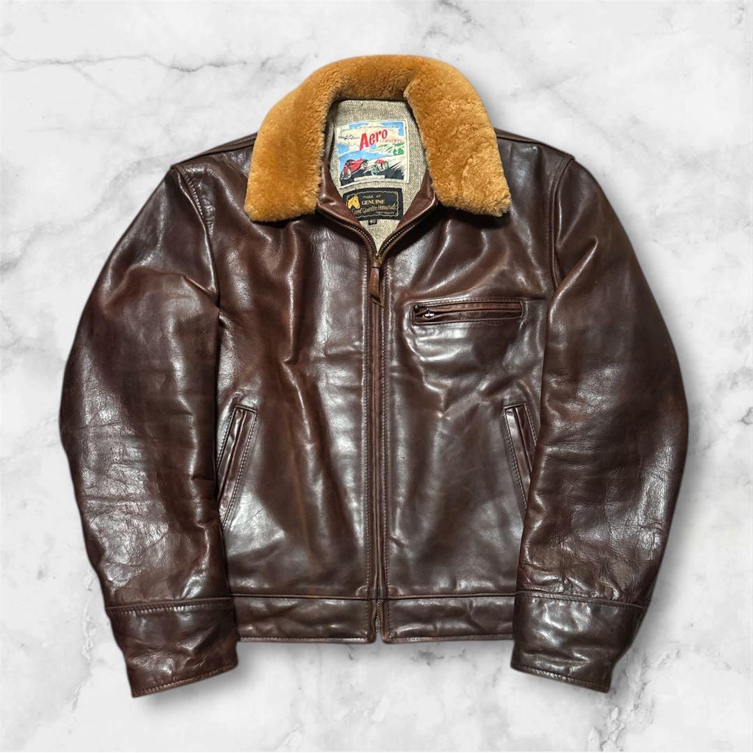 送料込 エアロレザー ホースハイド スポーツ レザージャケット ボアえり 40