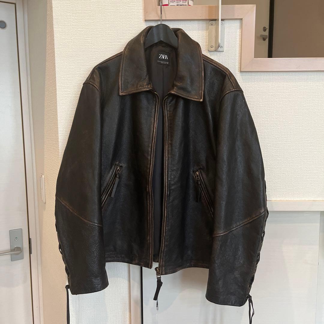 新品 Zara ヴィンテージ エフェクト レザージャケット L-XL 本革